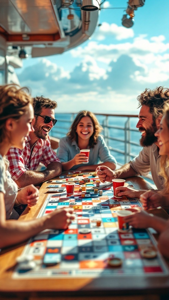 Group of friends enjoying board games on a cruise deck.