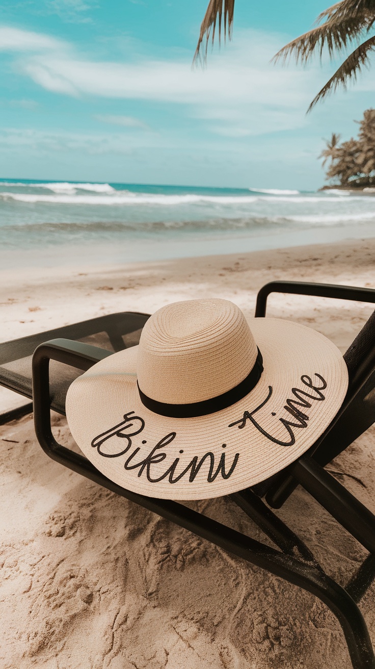 A stylish beach hat with the words 'Bikini Time' on it, laying on a beach chair by the ocean.