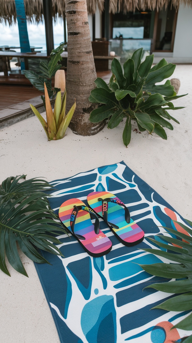 Colorful personalized flip-flops on a beach mat surrounded by tropical plants.