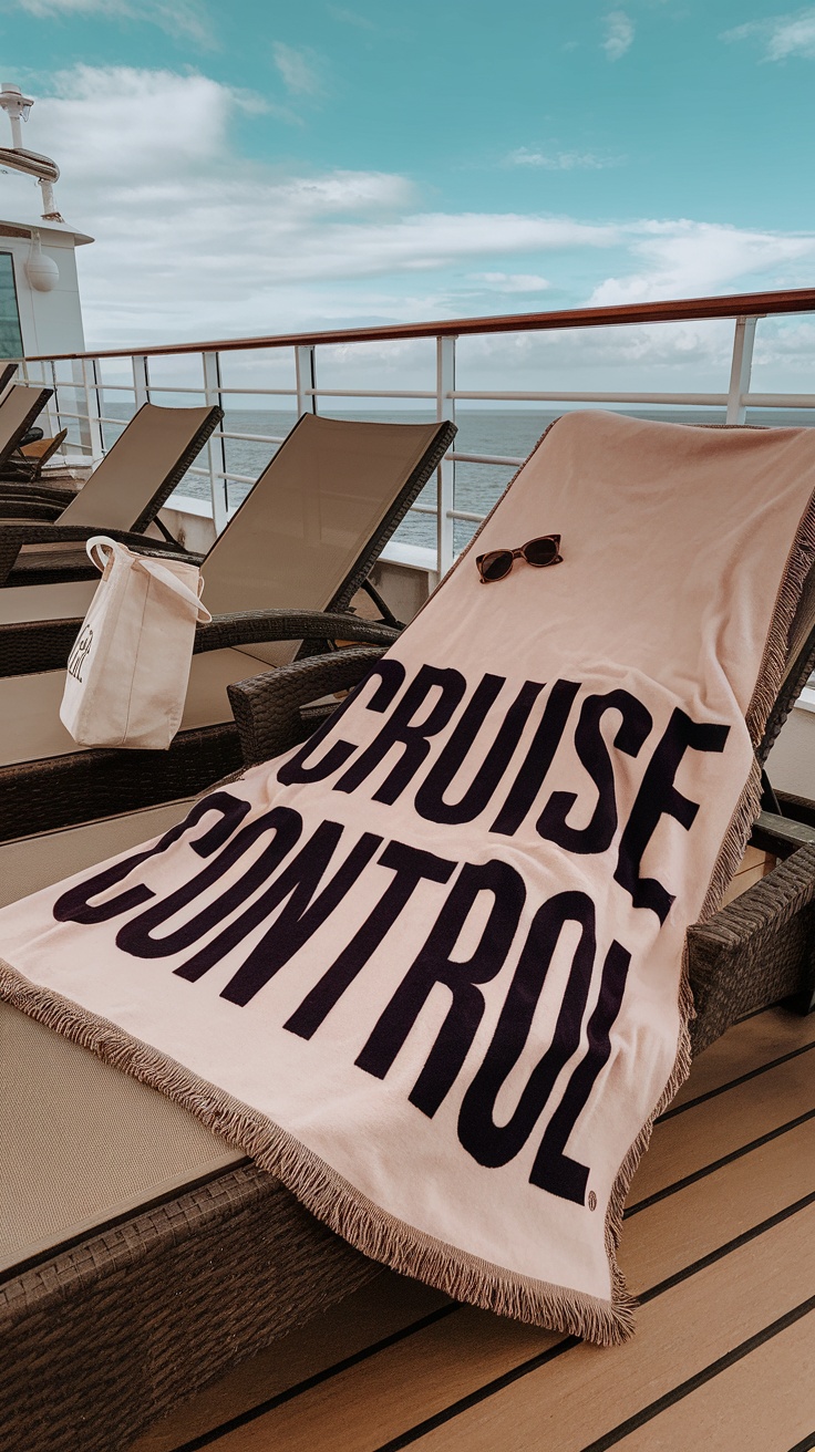 A personalized throw blanket on a cruise lounge chair with the words 'CRUISE CONTROL' prominently displayed.