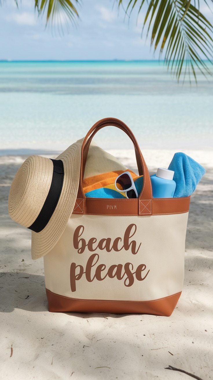 A stylish personalized tote bag with the phrase 'beach please', filled with beach essentials like a towel, hat, and sunglasses, set against a beautiful beach background.