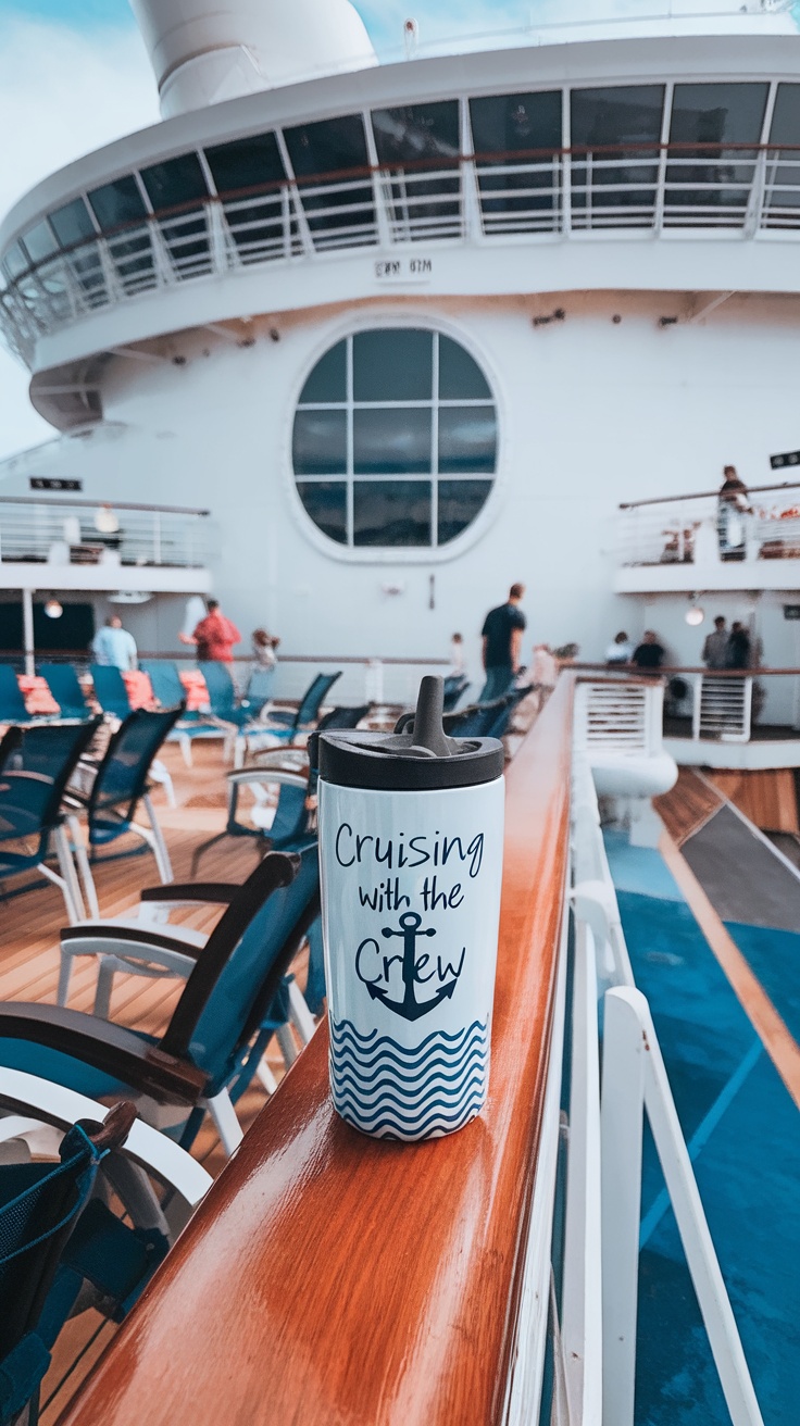 A personalized travel mug on a cruise ship deck.