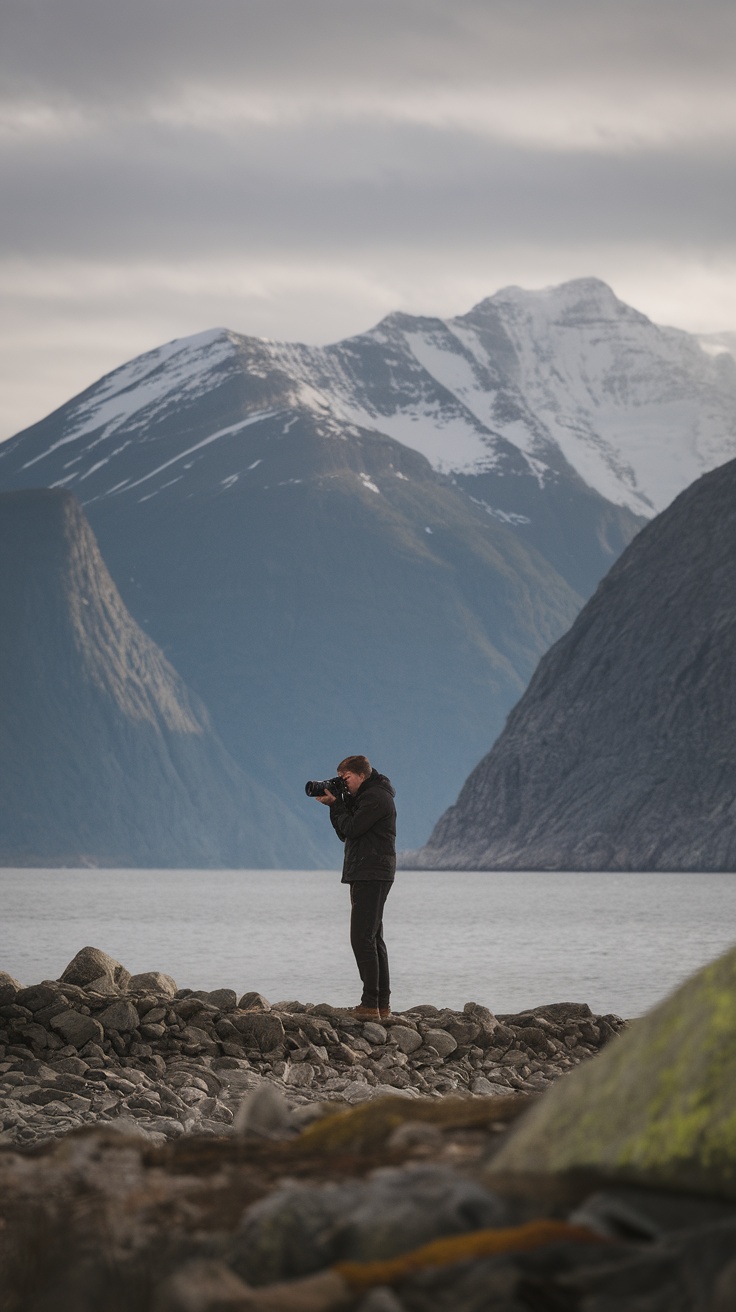A photographer capturing Alaskan landscapes with mountains in the background.