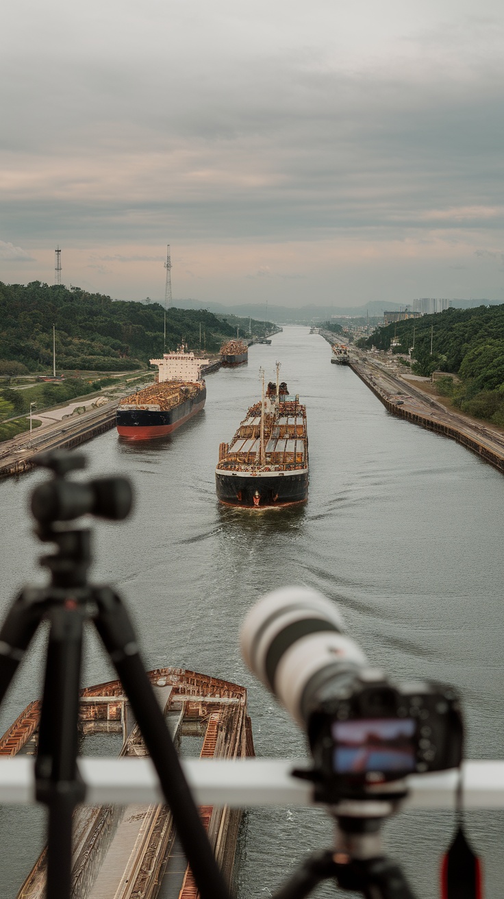 A camera on a tripod capturing ships navigating the Panama Canal.