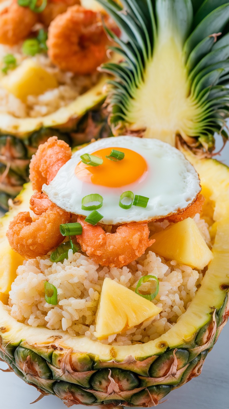 A bowl of pineapple fried rice topped with shrimp and a fried egg, served in a pineapple shell.