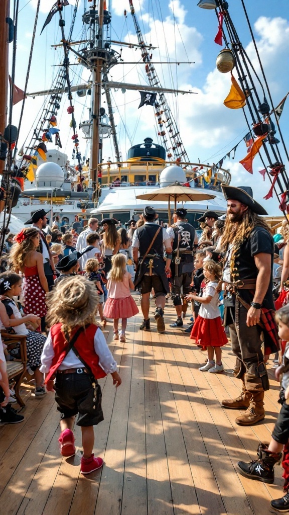 Families dressed in pirate costumes enjoying a themed party on a cruise ship