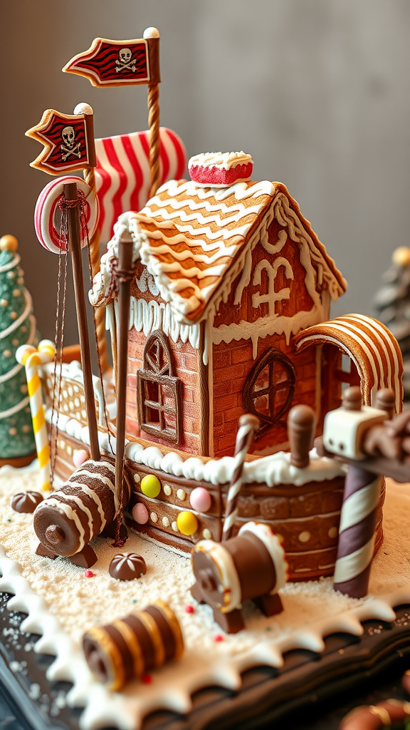 A gingerbread pirate ship decorated with candy and festive details.