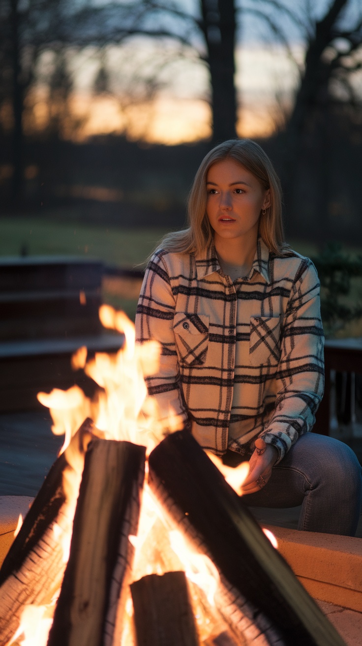 A woman sitting by a fire wearing a plaid flannel shirt, enjoying the cozy atmosphere.