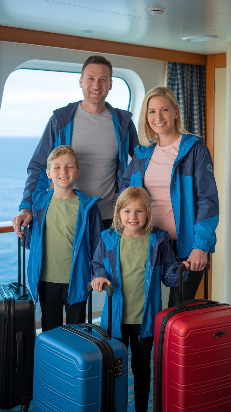 A family of four preparing for disembarkation on a cruise, standing with luggage in a ship cabin.