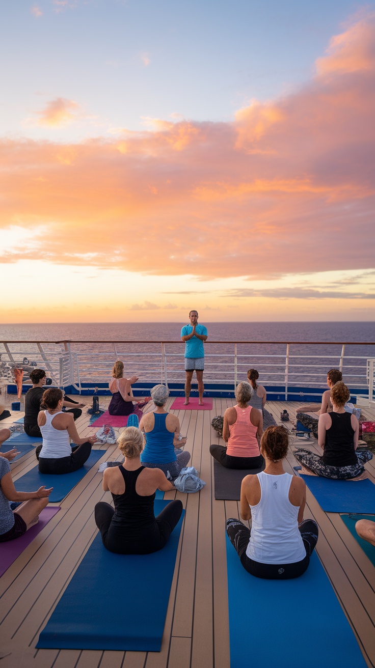 Group yoga session on a cruise deck during sunset.