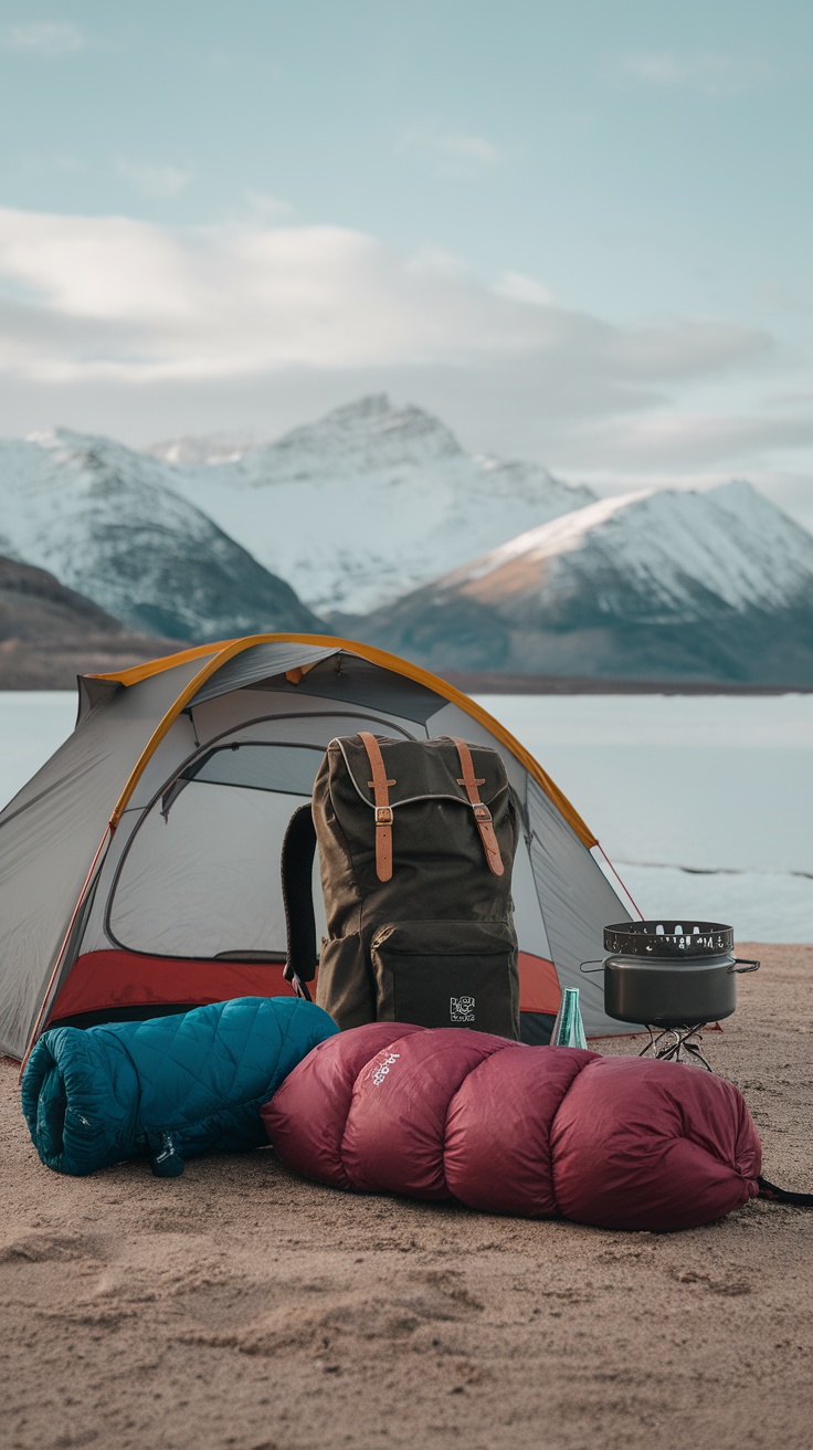 Camping gear laid out on a sandy area with mountains in the background, including a tent, a backpack, sleeping bags, and a cooking pot.