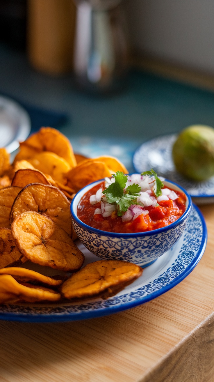 A plate of plantain chips with a bowl of salsa topped with onions and cilantro.