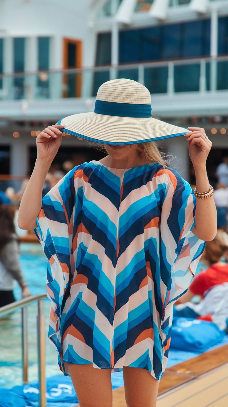 A woman wearing a colorful swim cover-up and a wide-brimmed sun hat by the pool on a cruise.