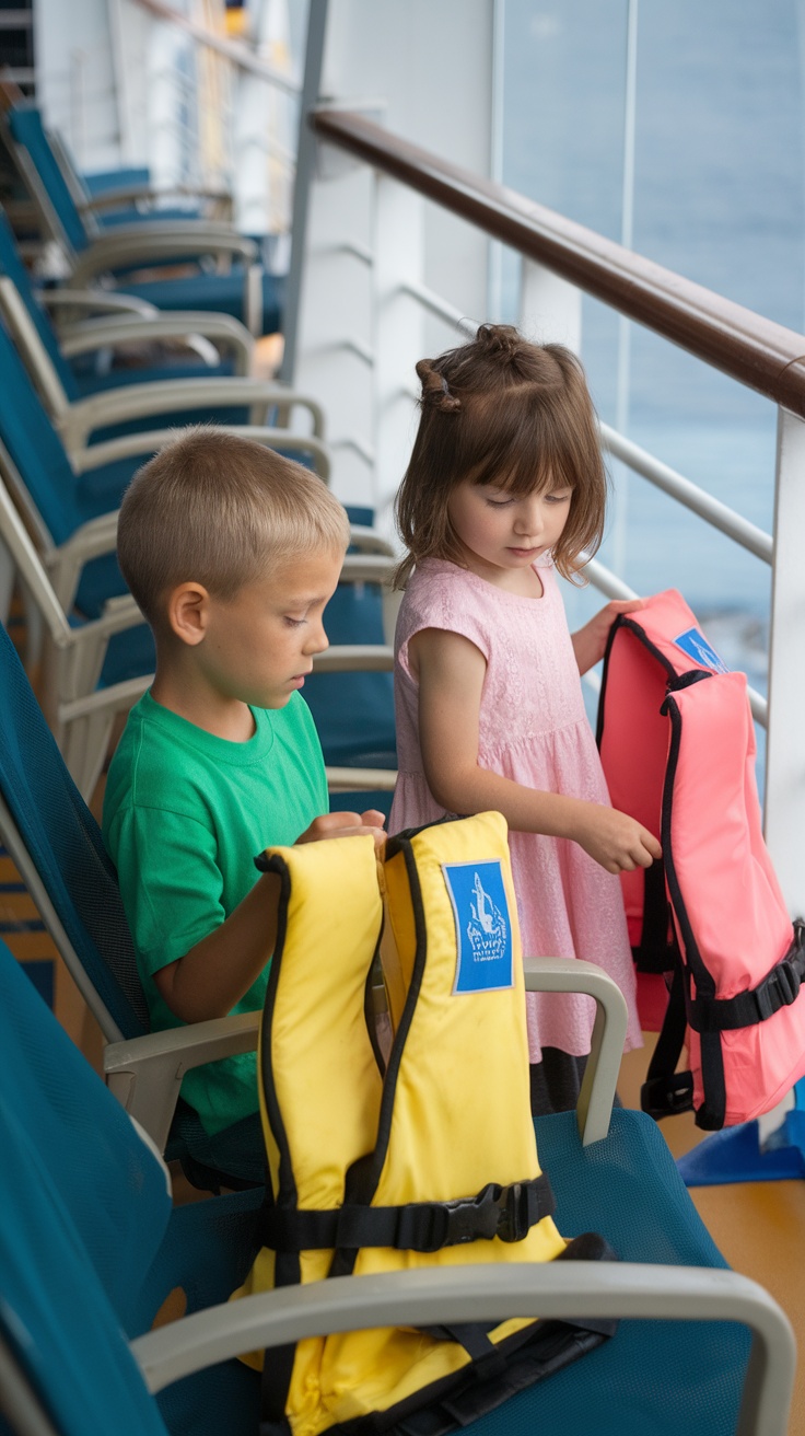 Two children holding life jackets on a cruise ship deck.