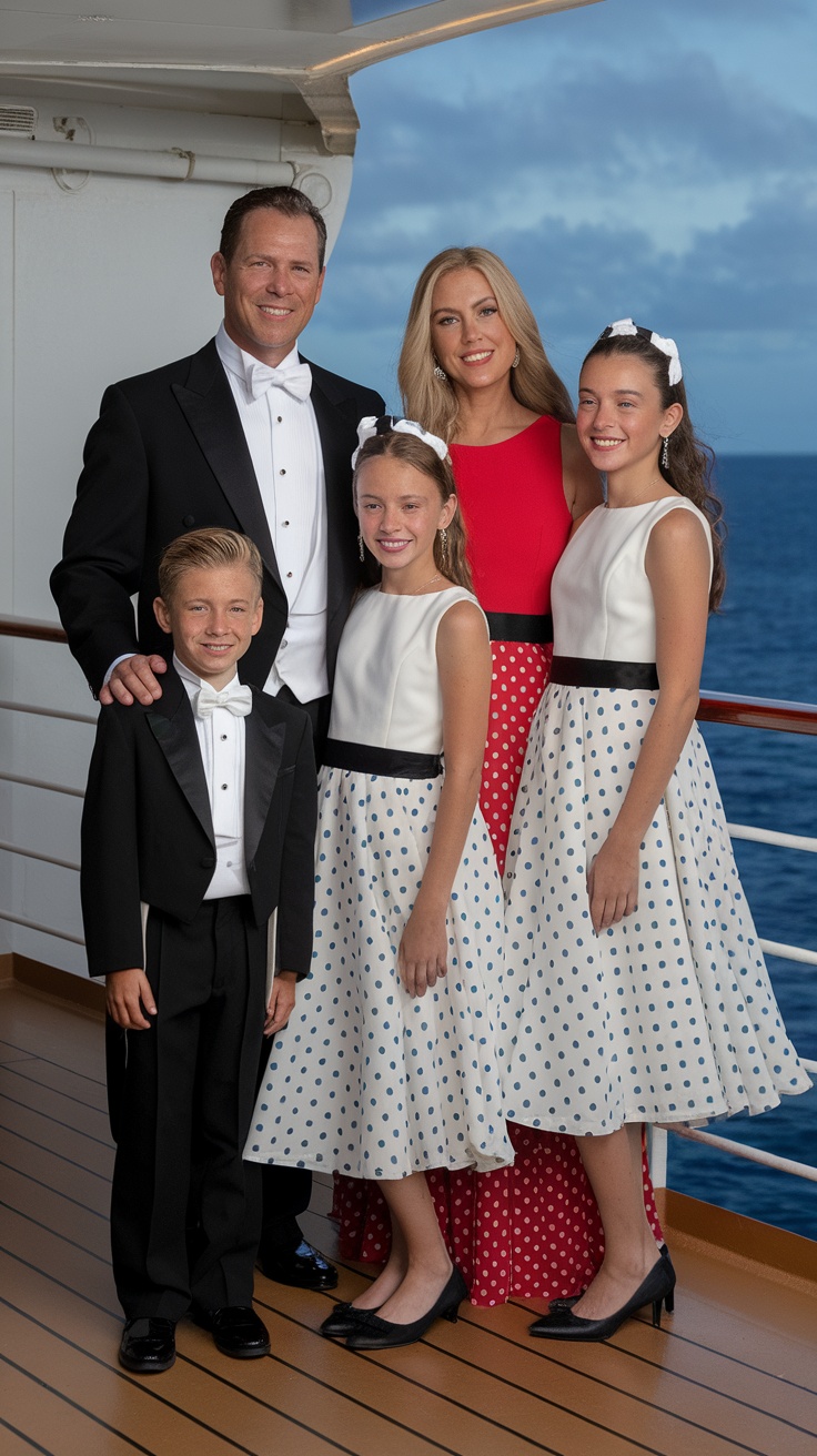 A family dressed in formal attire on a cruise ship deck.