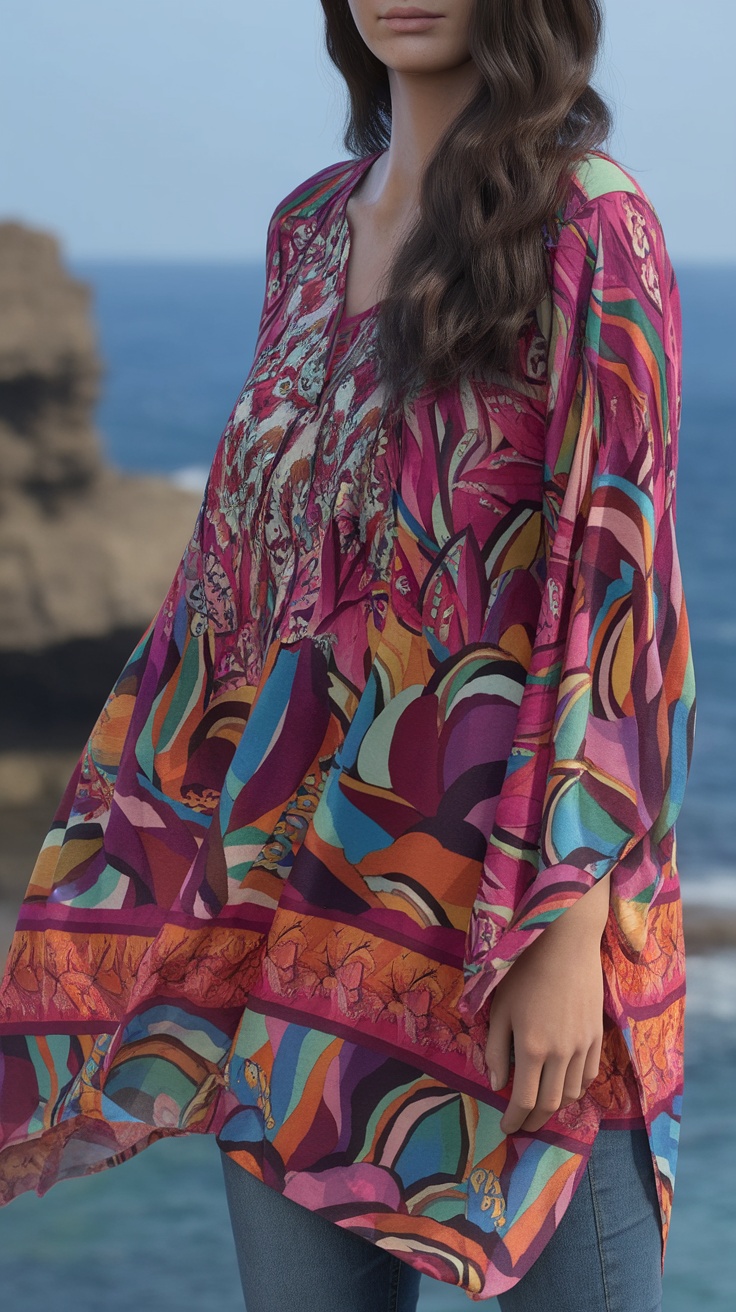 A model wearing a colorful printed tunic against a coastal background.