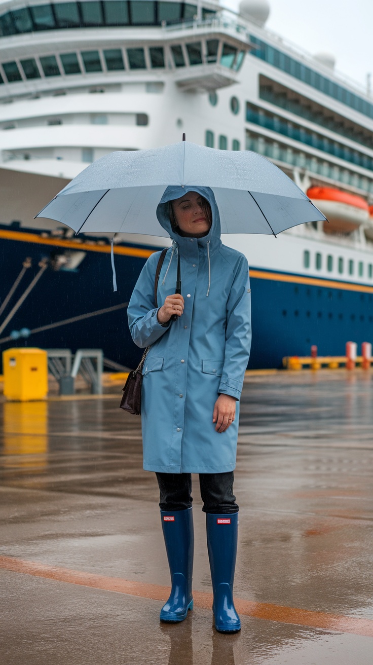 A woman holding an umbrella in a light blue raincoat and blue rain boots, standing near a cruise ship in the rain.