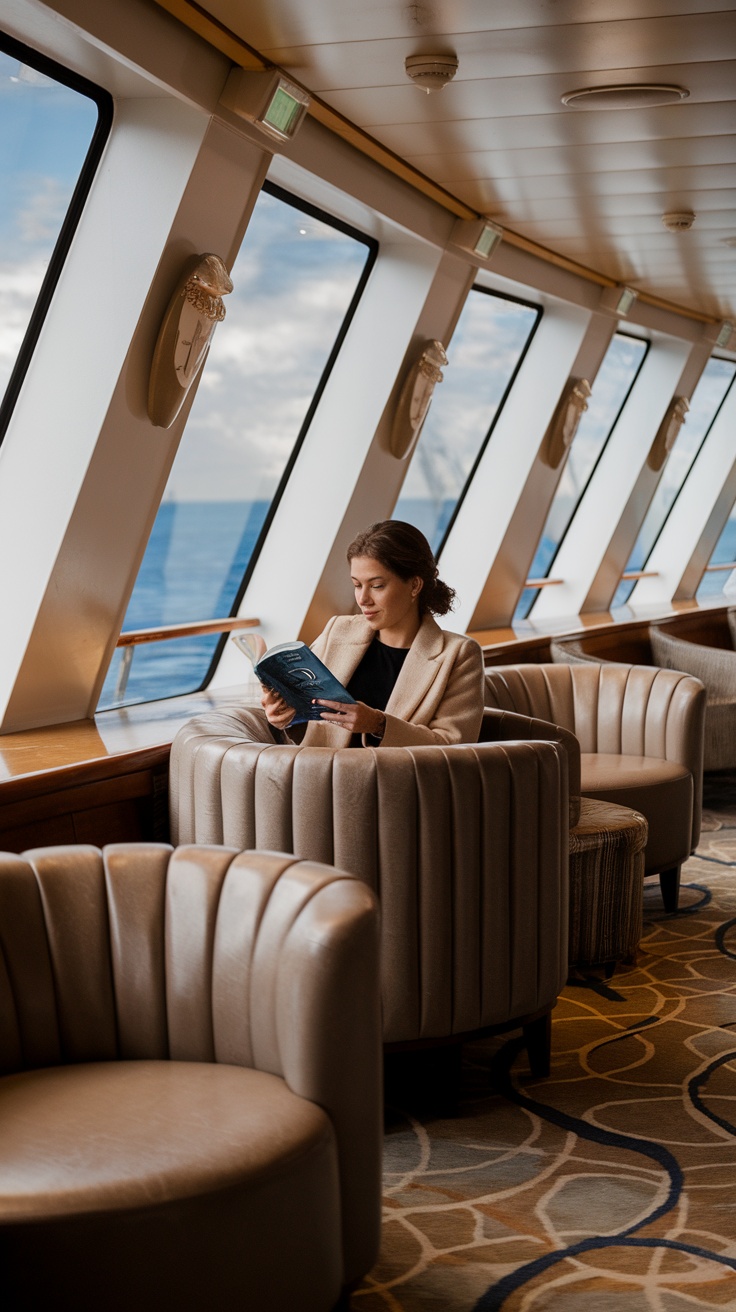 A woman reading a book in a cozy lounge on a cruise ship with ocean views.