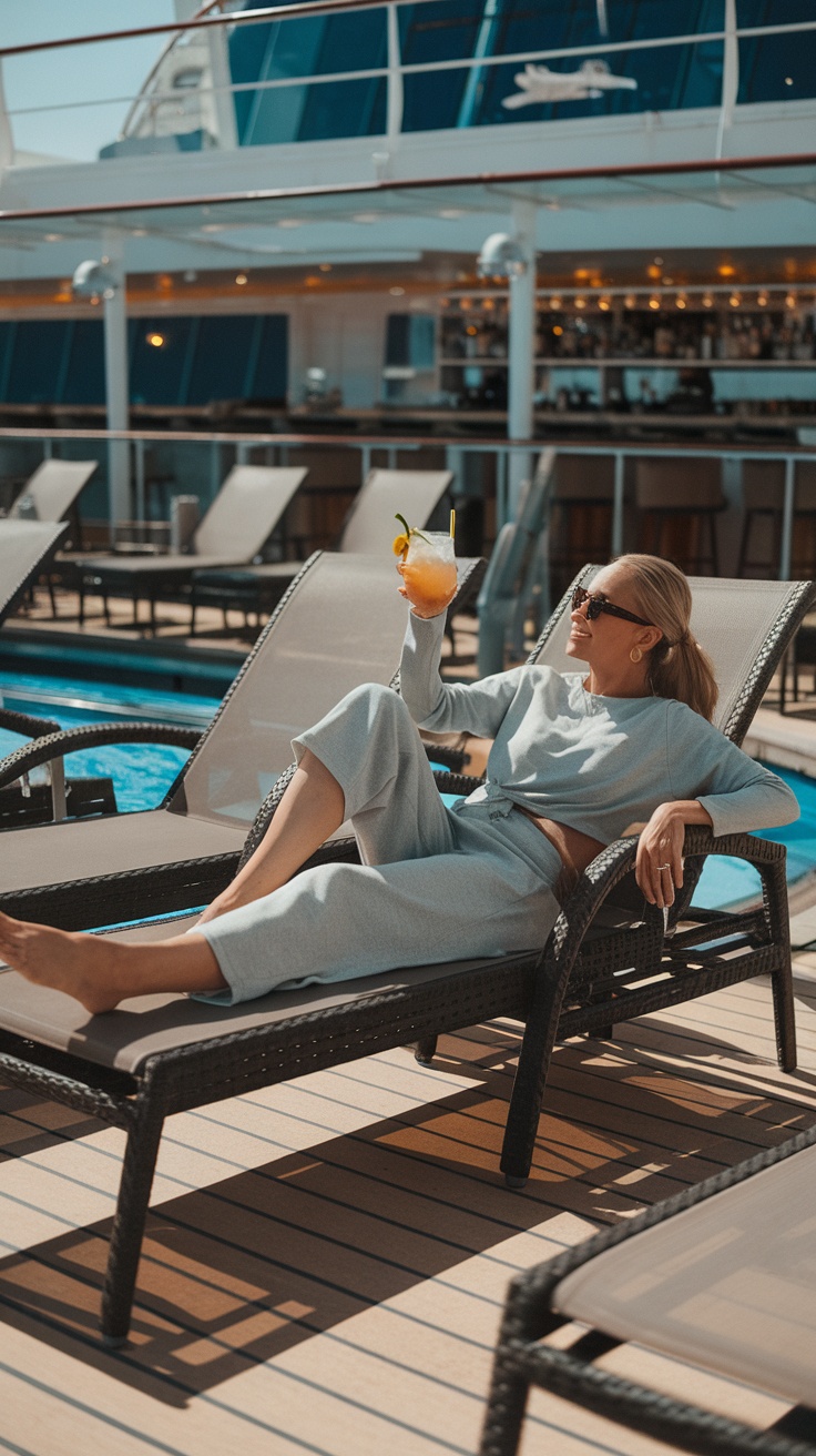 Woman relaxing in a knit top and capris on a cruise ship deck, holding a cocktail.