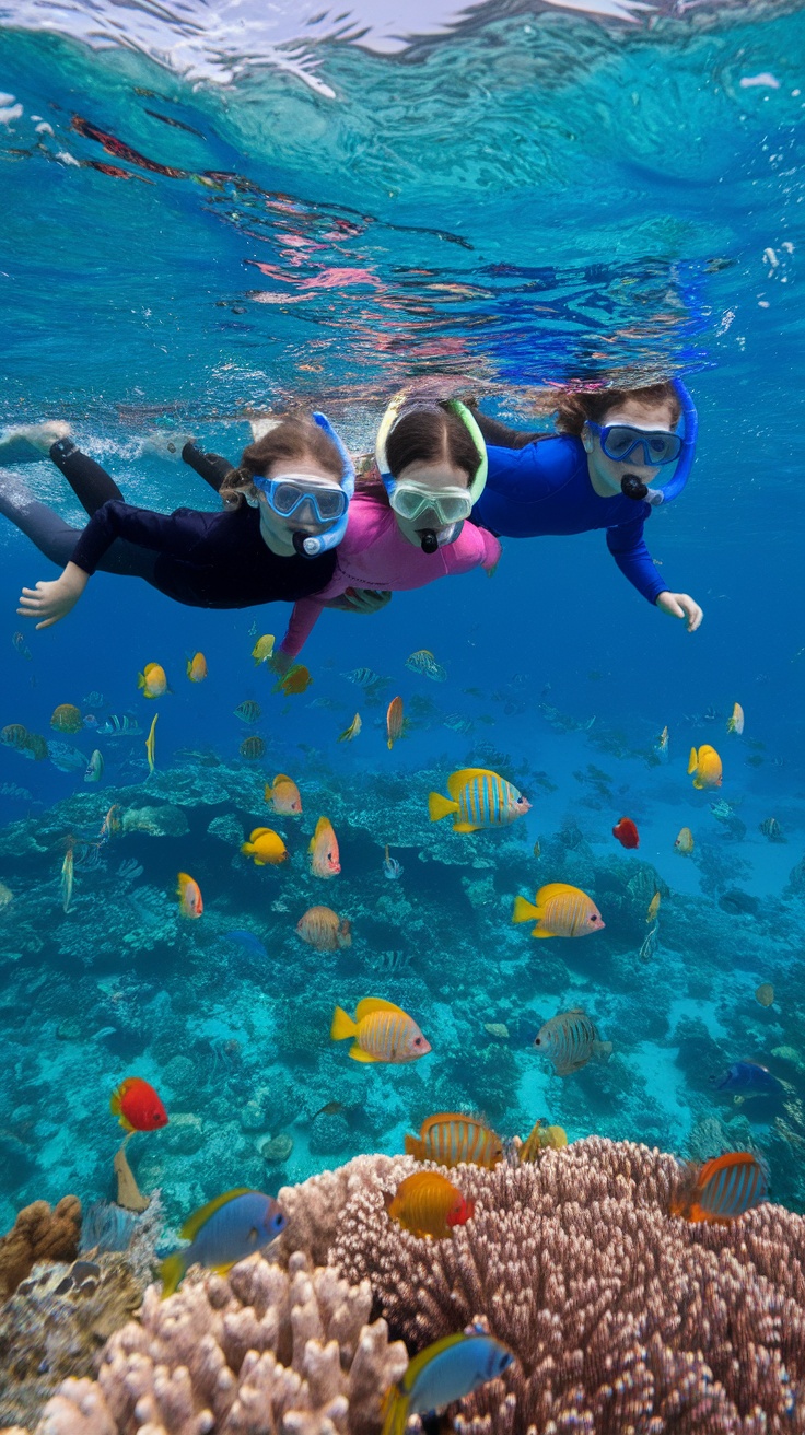 Three kids snorkeling underwater, surrounded by colorful fish and coral.