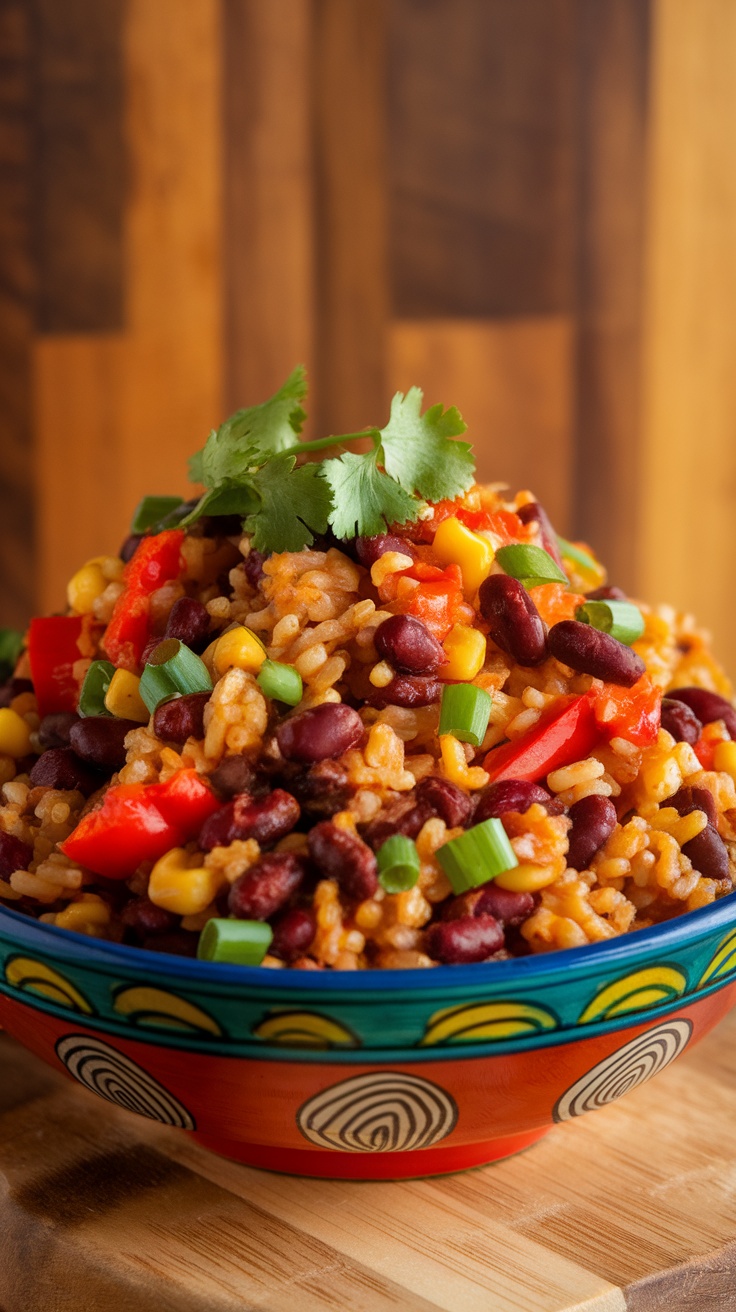 A colorful bowl of rice and beans with vegetables, garnished with cilantro.