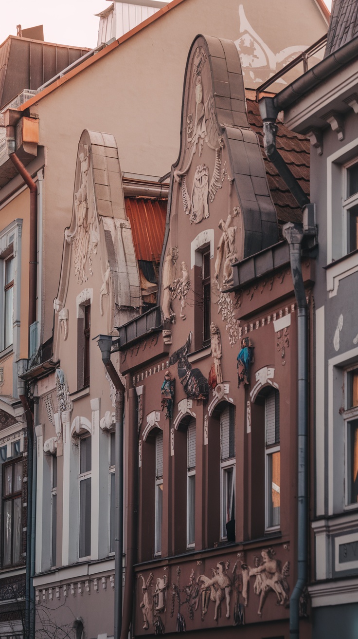 Art Nouveau buildings in Riga, showcasing intricate designs and sculptures.