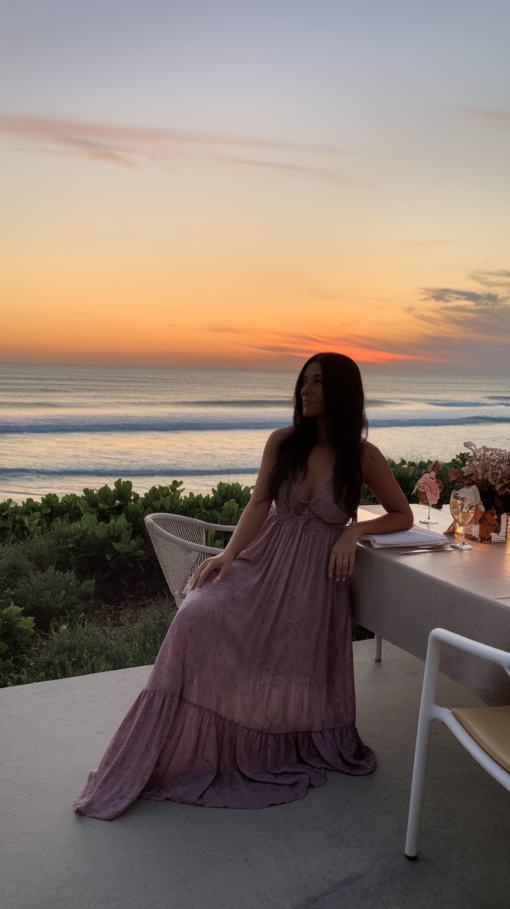 A woman in a flowy maxi dress sitting by a table with a sunset in the background