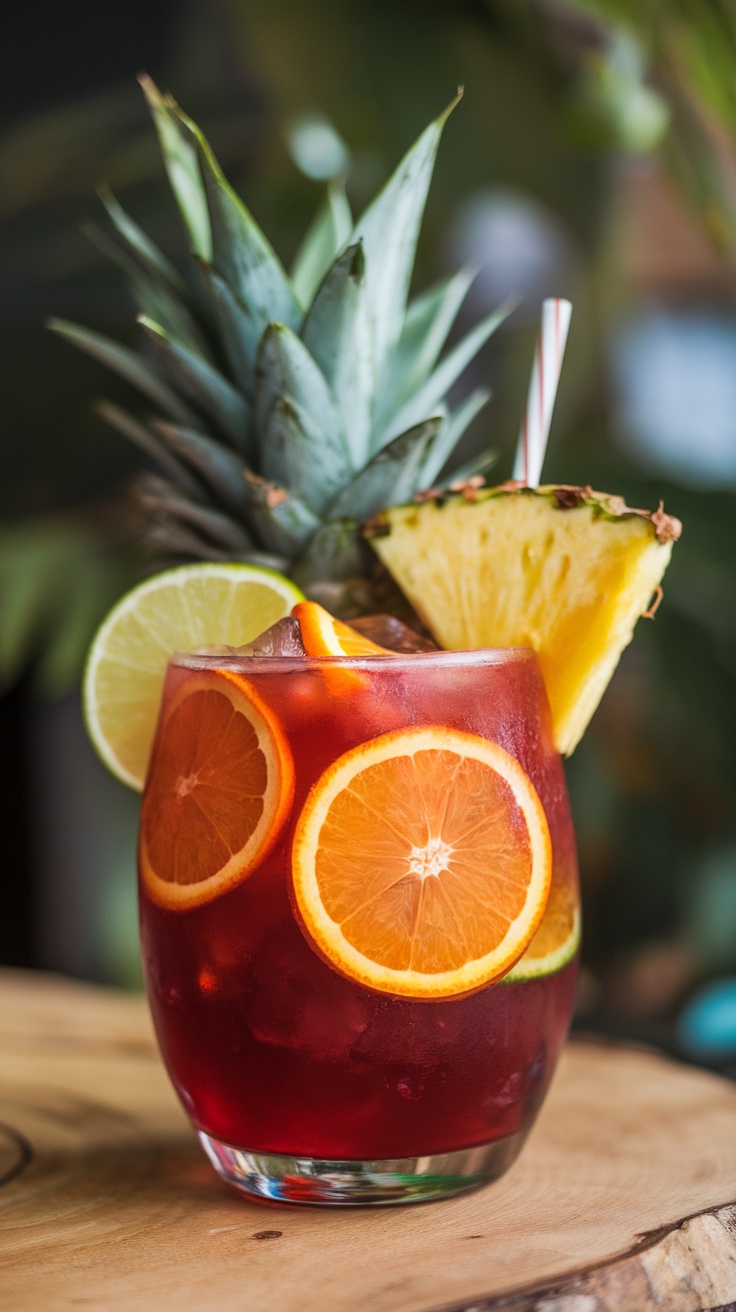 A vibrant rum punch drink garnished with orange slices, lime, and pineapple.
