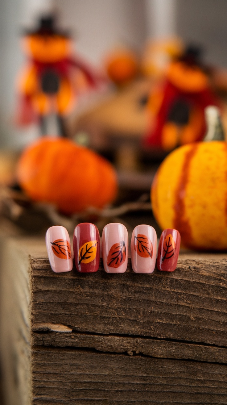Short cruise nails in rustic autumn shades with leaf designs, surrounded by pumpkins.