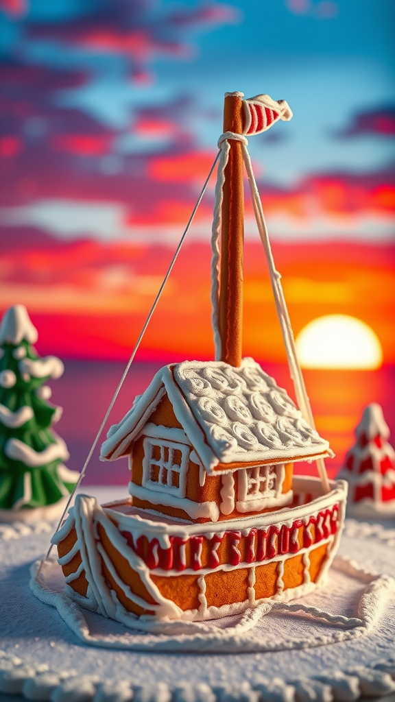 A gingerbread boat with a flag, set against a sunset background.