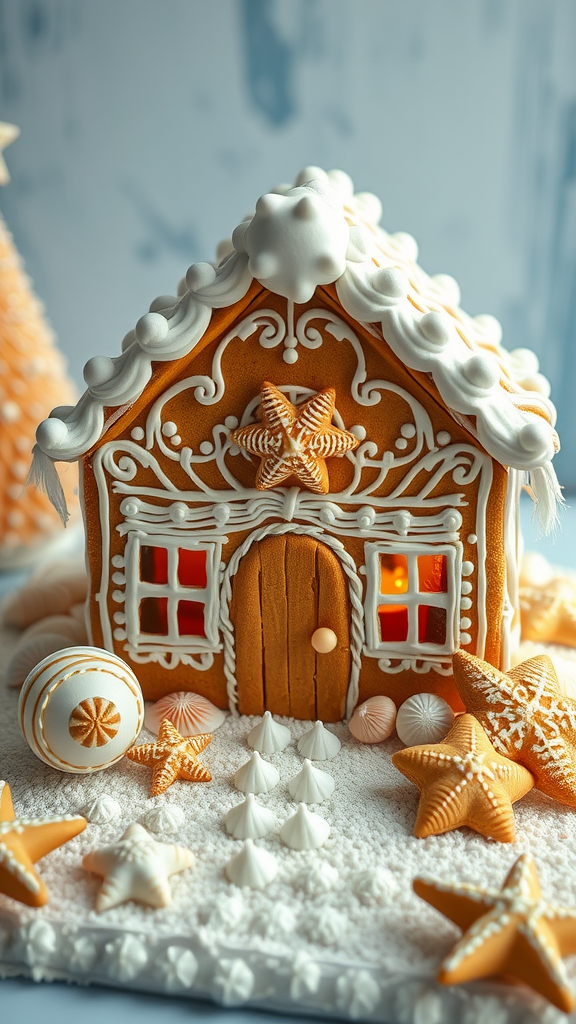 Gingerbread house decorated with starfish, shells, and winter motifs.