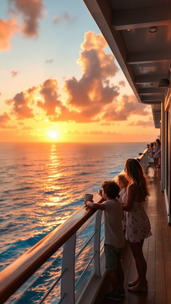 Family enjoying a sunrise from a cruise ship balcony