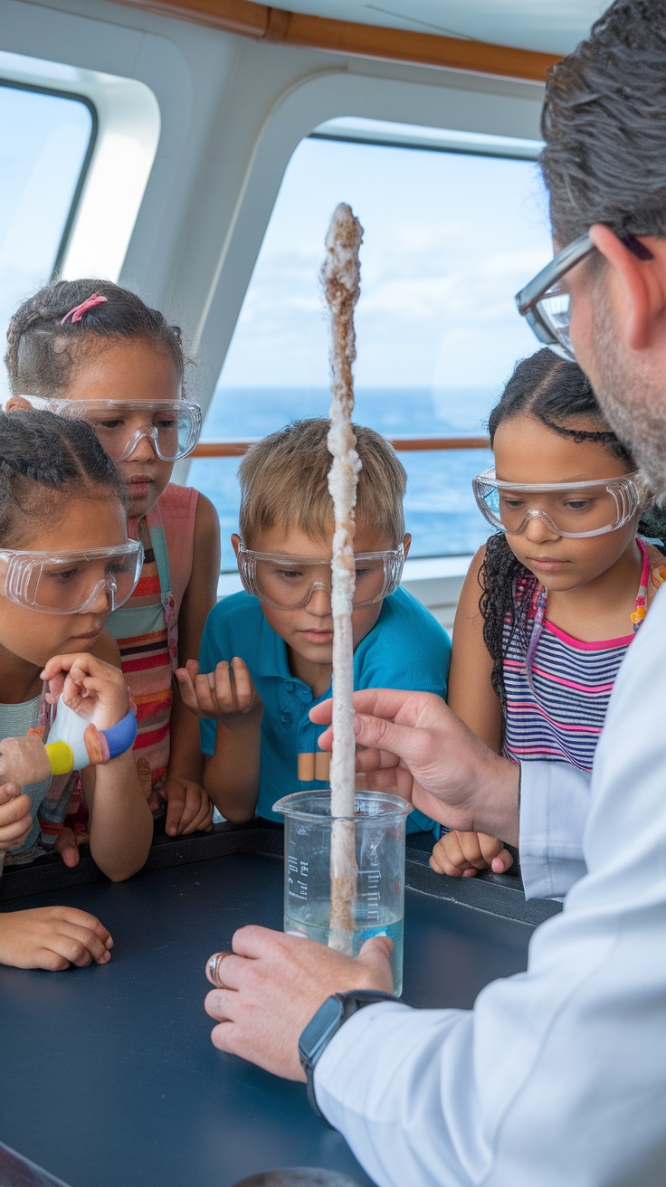 Children observing a science experiment with crystals on a cruise ship.
