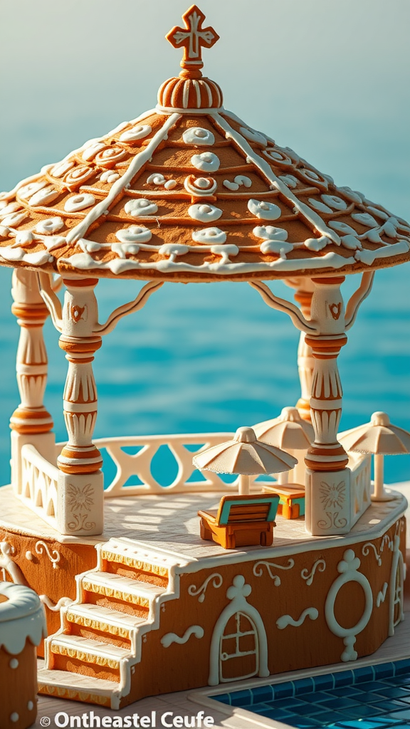 A beautifully crafted pavilion with intricate designs, featuring seating and umbrellas, next to a serene body of water.