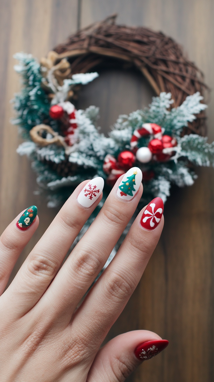 Nails decorated with holiday themes including snowflakes, Christmas trees, and candy canes.