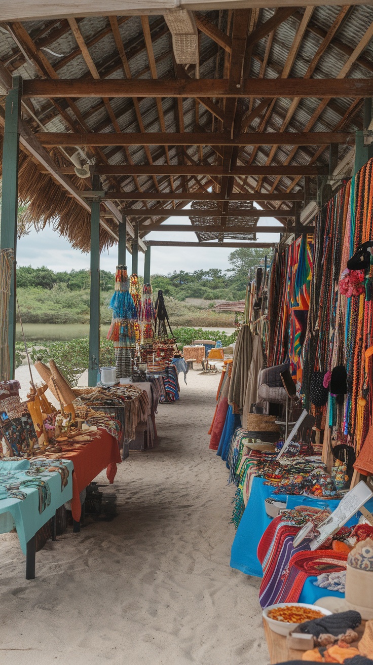 A vibrant artisan market with colorful crafts and handmade goods.
