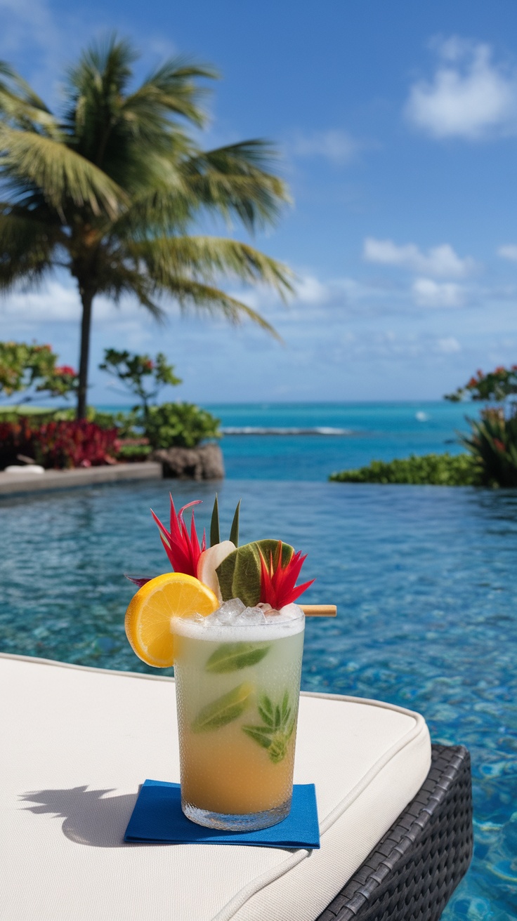 A cocktail with tropical garnishes by the pool with a view of the ocean.