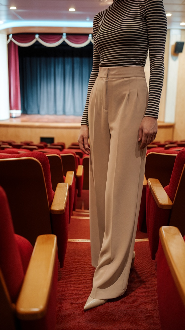 A person wearing a striped top and beige trousers in a theater setting.