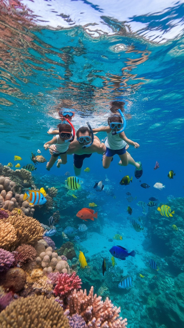 A family snorkeling underwater in Cozumel, surrounded by colorful fish and vibrant coral.