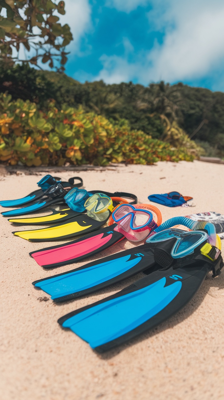 A selection of snorkeling gear including fins and masks on a sandy beach