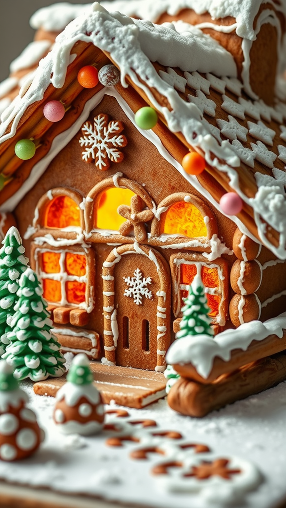A gingerbread cabin with snowy decorations and colorful candies.