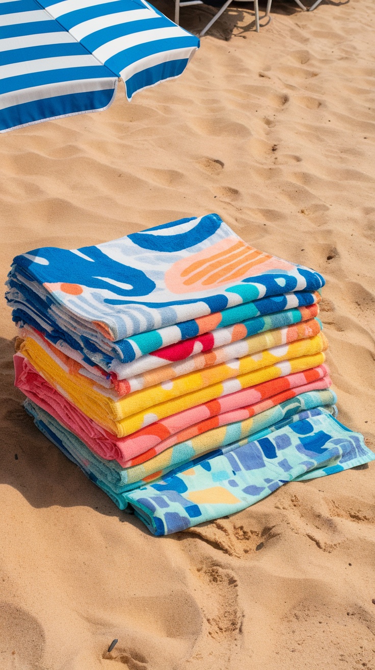 A stack of colorful beach towels in various patterns on sandy beach