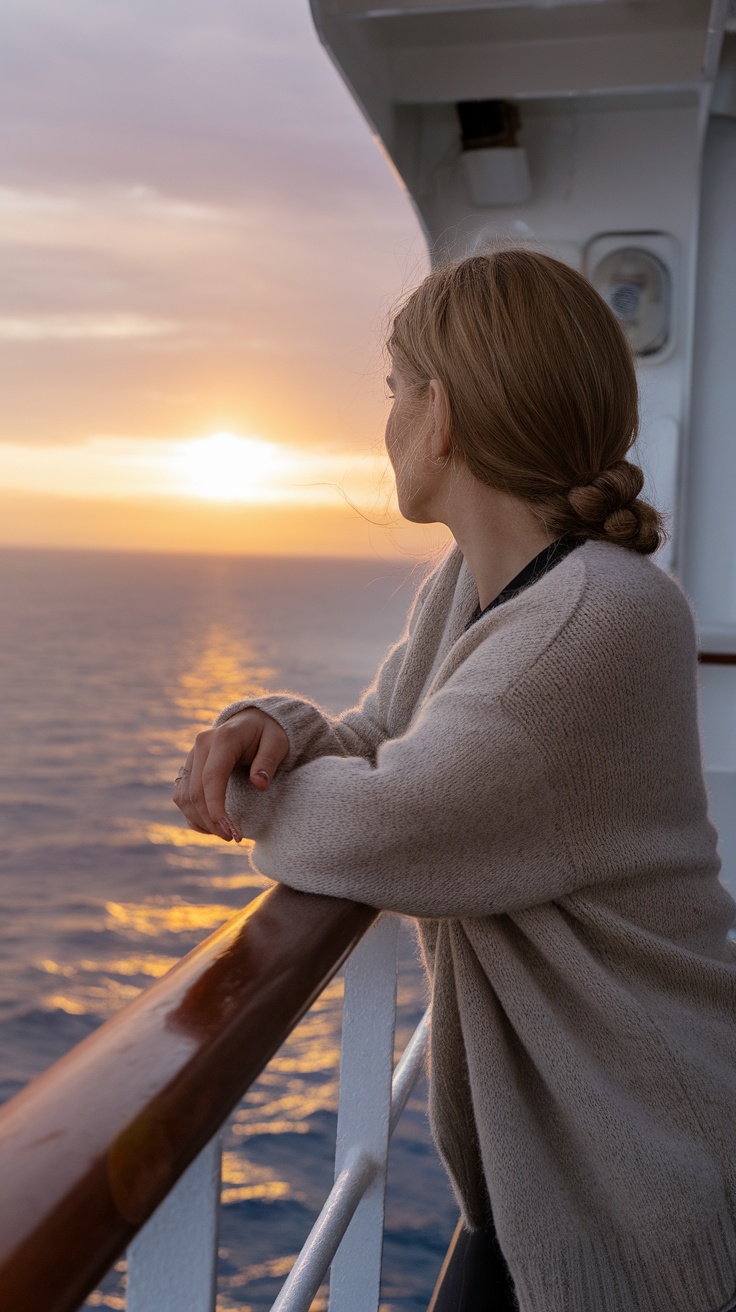 A woman wearing a soft cardigan, looking at the sunset from a cruise ship.