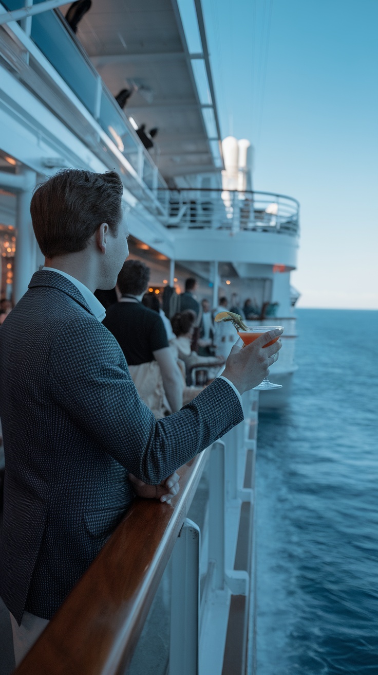 A man in a blazer enjoying a cocktail on a cruise ship.