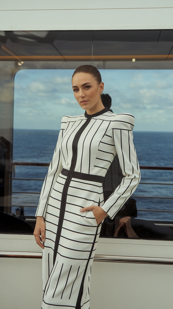 A woman in a monochrome striped dress standing on a cruise ship with the ocean in the background.