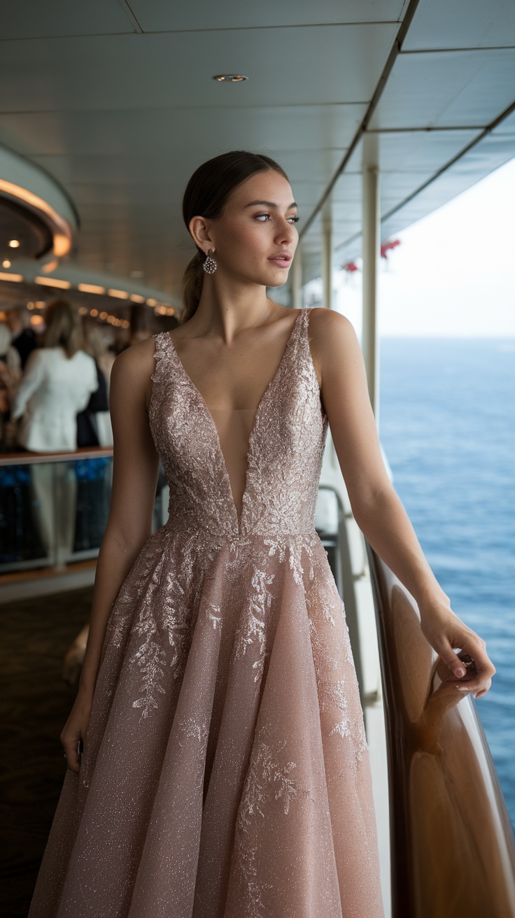 A woman in a sophisticated cocktail dress standing on a cruise ship