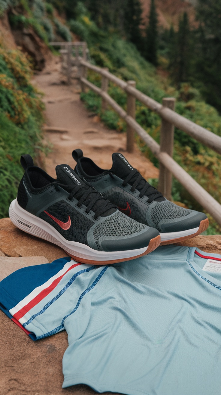 Sporty outfit featuring sneakers and athletic shirts for outdoor activities.
