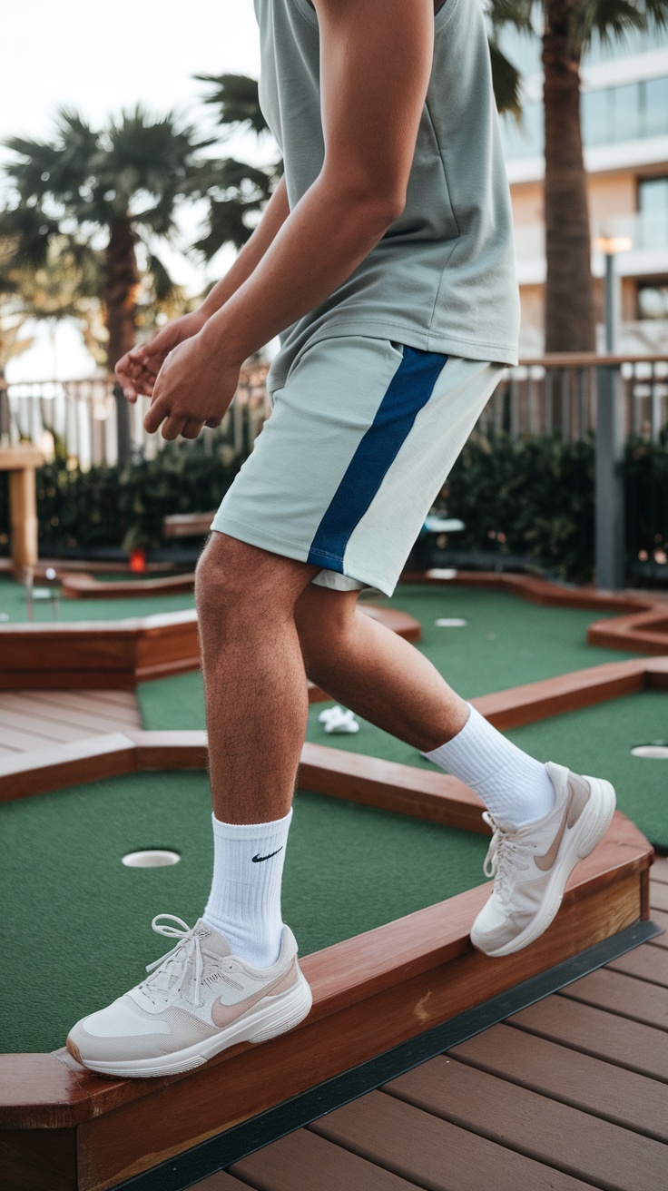 A person wearing a light green tank top and shorts, balancing on the edge of a mini-golf course while wearing sneakers and white socks.