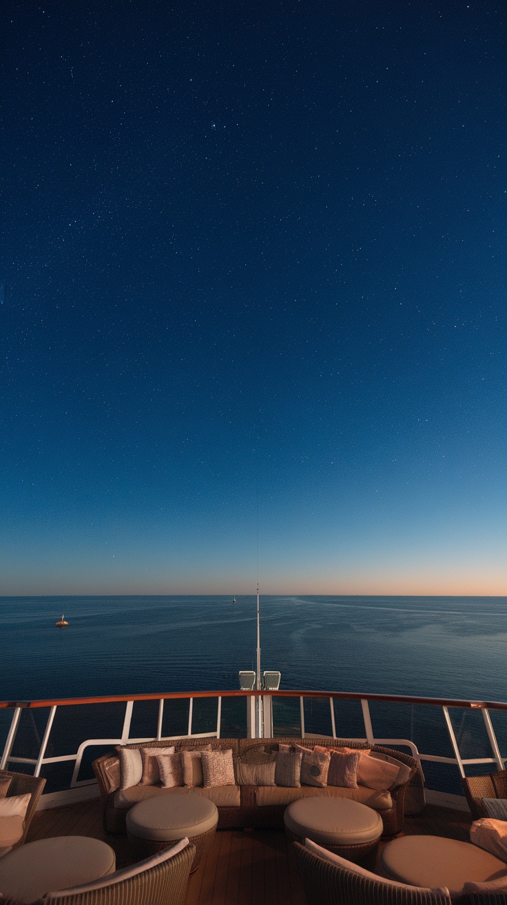 Starry night sky over the Caribbean Sea from a cruise ship's upper deck.