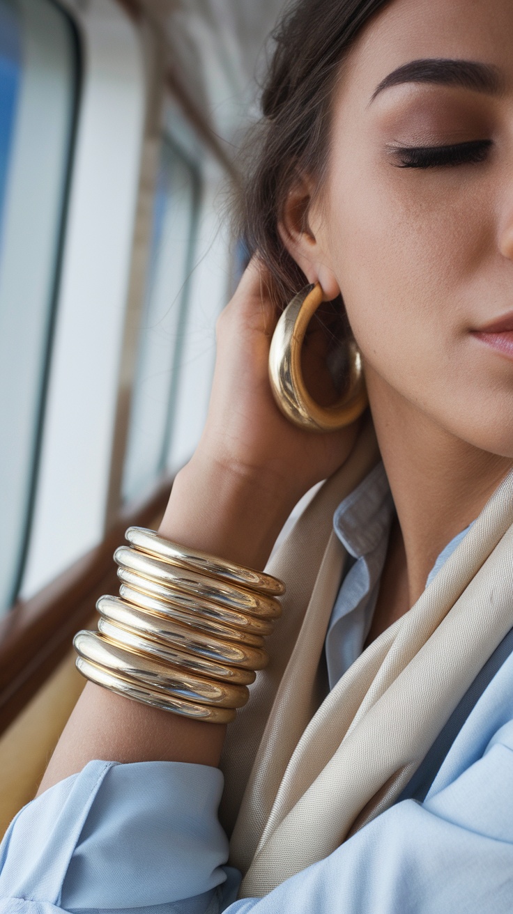 A woman wearing gold hoop earrings and stacked gold bracelets, showcasing stylish accessories on a cruise.
